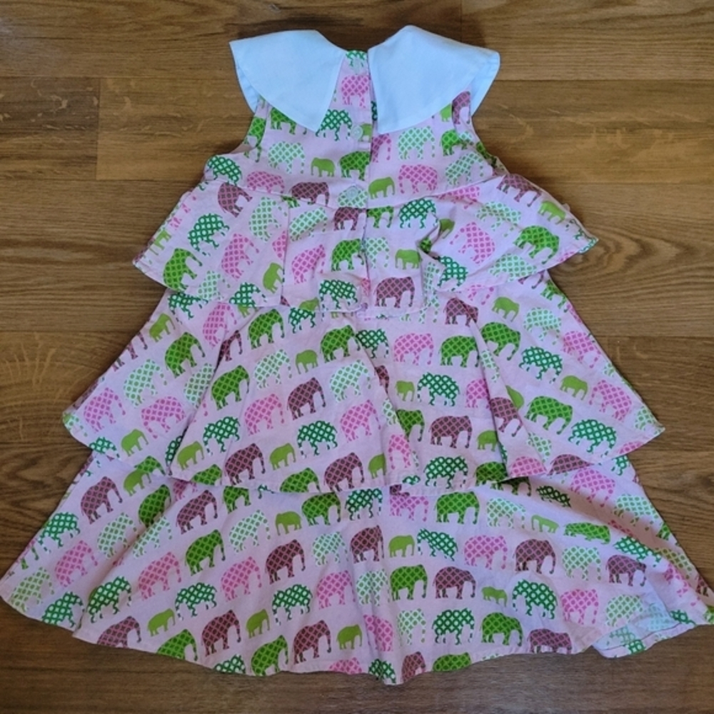 Smockadot Kids Girls Tiered Elephant Dress w/ A monogram Size 4 Pink Green White - Picture 2 of 3